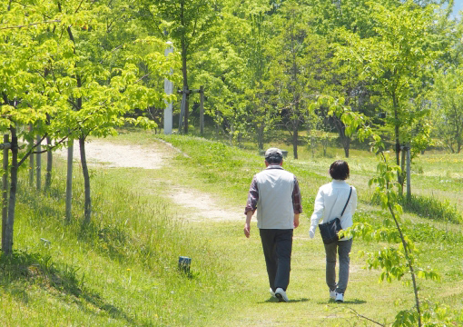 公園を散歩する老夫婦